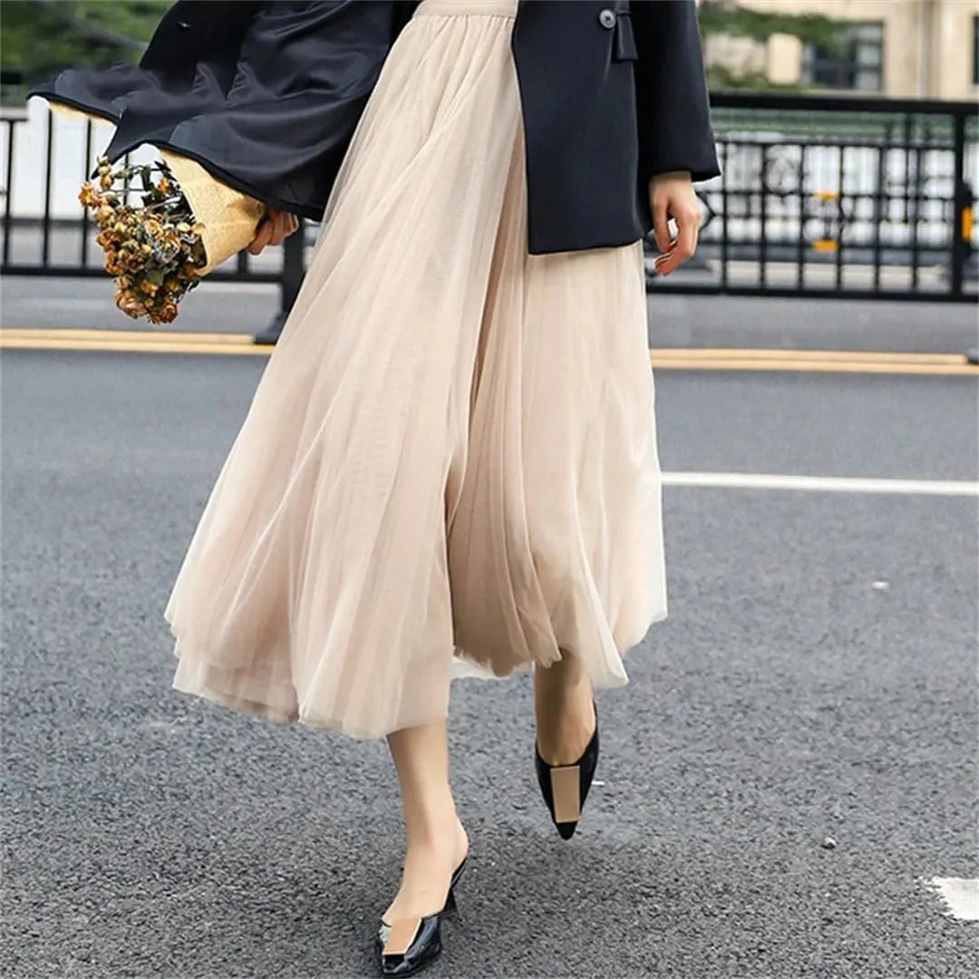 Dbdkejj Womentulle Pleated Skirts Solid Tierred Skirt Elastic High Waist Midi Skirt