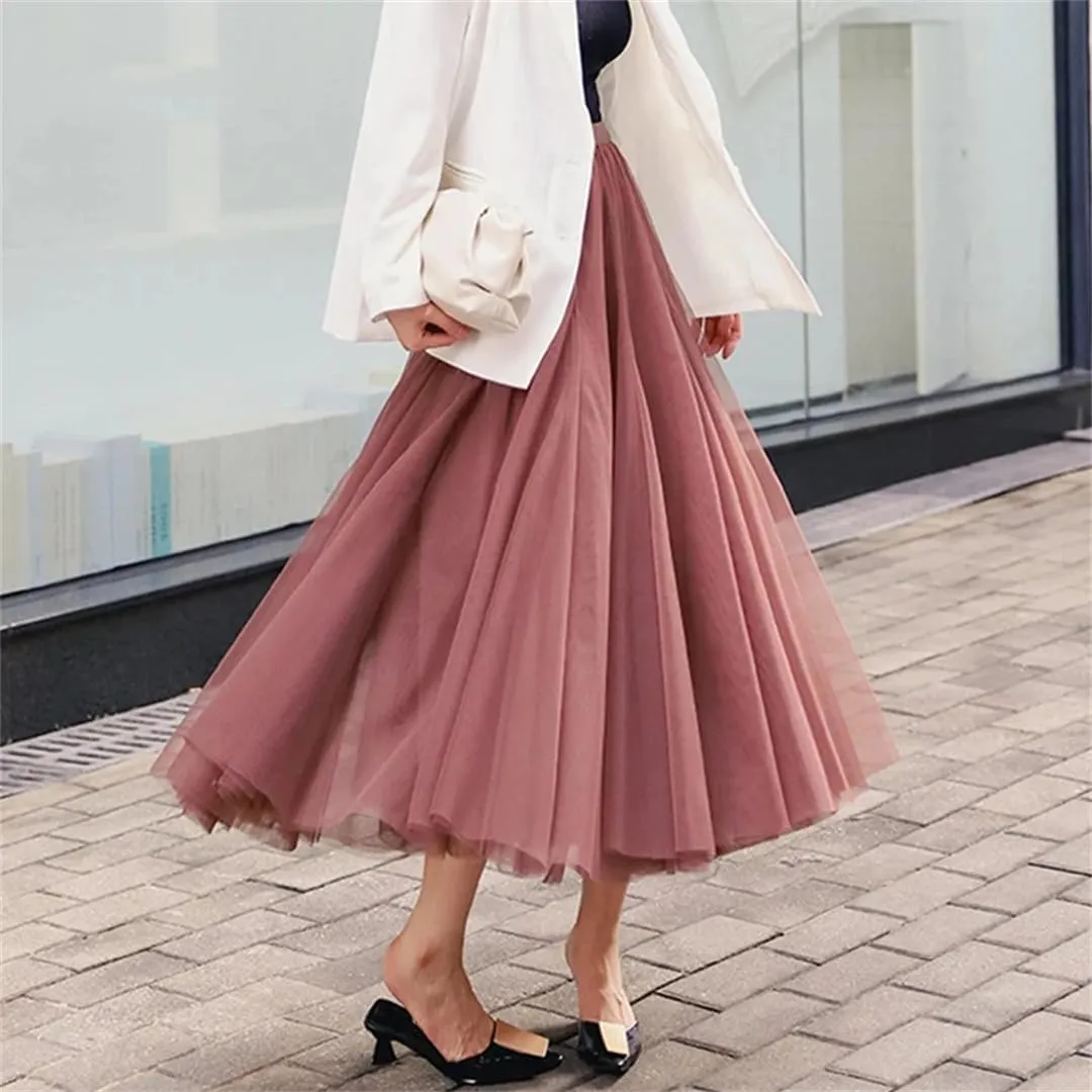 Dbdkejj Womentulle Pleated Skirts Solid Tierred Skirt Elastic High Waist Midi Skirt