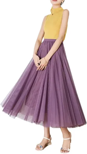 Dbdkejj Womentulle Pleated Skirts Solid Tierred Skirt Elastic High Waist Midi Skirt