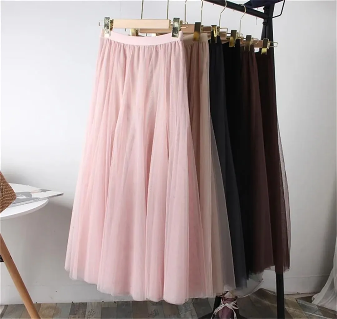 Dbdkejj Womentulle Pleated Skirts Solid Tierred Skirt Elastic High Waist Midi Skirt
