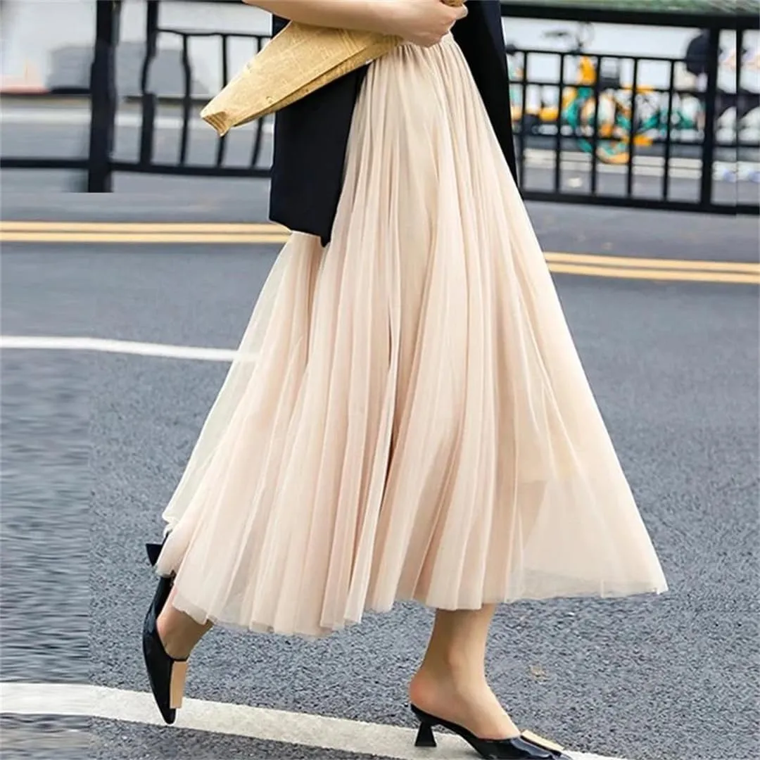 Dbdkejj Womentulle Pleated Skirts Solid Tierred Skirt Elastic High Waist Midi Skirt