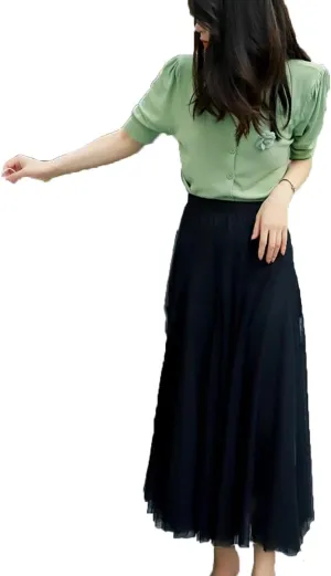 Dbdkejj Womentulle Pleated Skirts Solid Tierred Skirt Elastic High Waist Midi Skirt