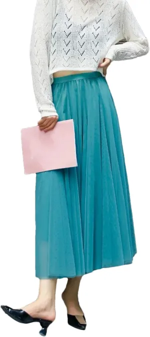 Dbdkejj Womentulle Pleated Skirts Solid Tierred Skirt Elastic High Waist Midi Skirt