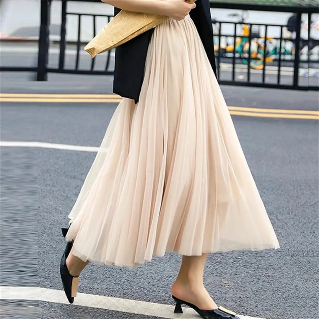 Dbdkejj Womentulle Pleated Skirts Solid Tierred Skirt Elastic High Waist Midi Skirt