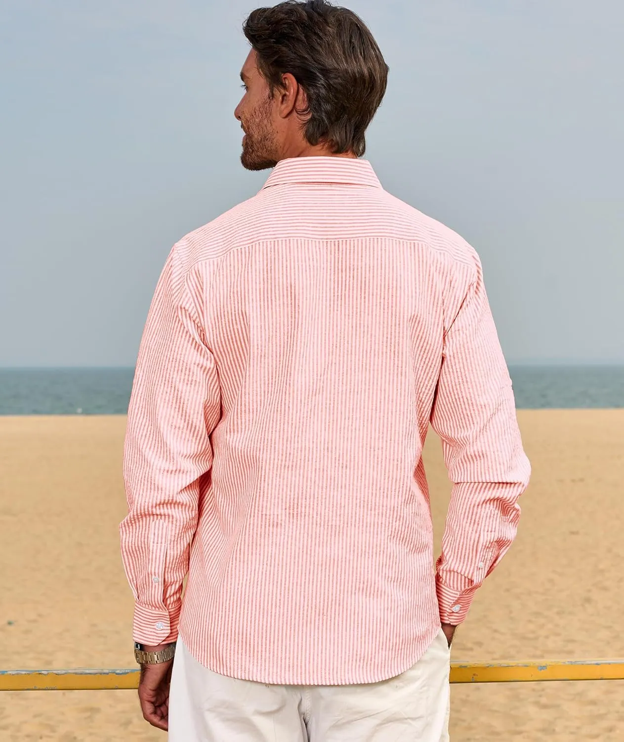 Deer Lady Mens Long Sleeve Button Down Shirt Striped Casual Cotton Business Summer Beach Wedding Dress Shirts