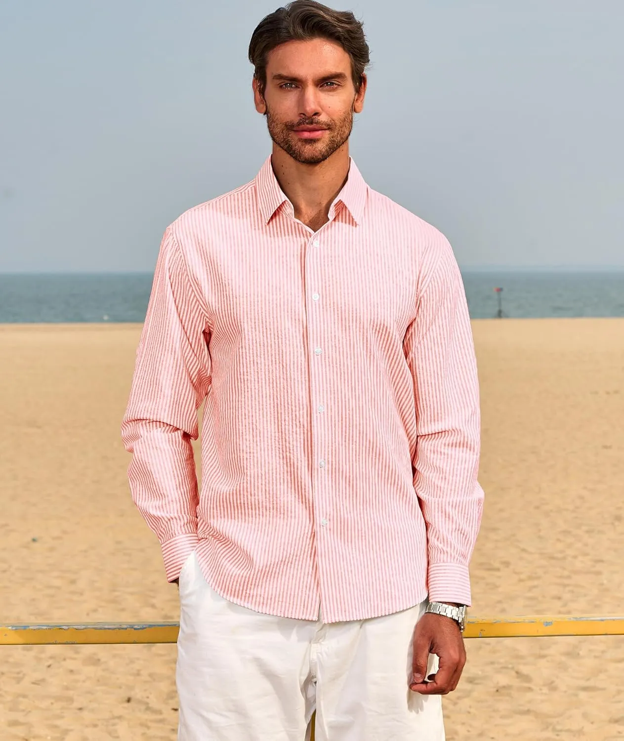 Deer Lady Mens Long Sleeve Button Down Shirt Striped Casual Cotton Business Summer Beach Wedding Dress Shirts