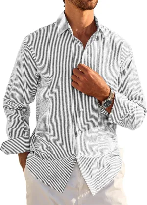 Deer Lady Mens Long Sleeve Button Down Shirt Striped Casual Cotton Business Summer Beach Wedding Dress Shirts