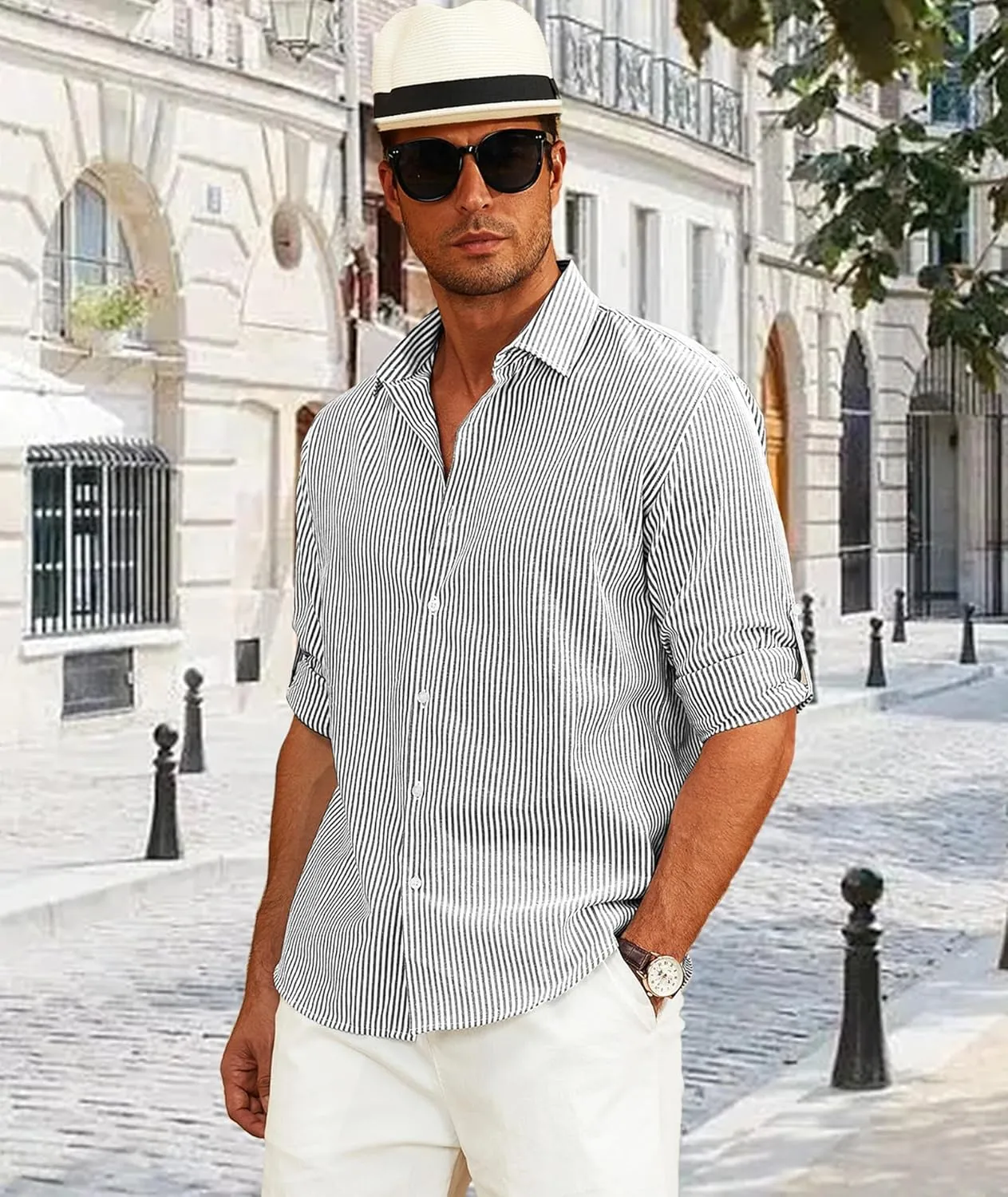 Deer Lady Mens Long Sleeve Button Down Shirt Striped Casual Cotton Business Summer Beach Wedding Dress Shirts