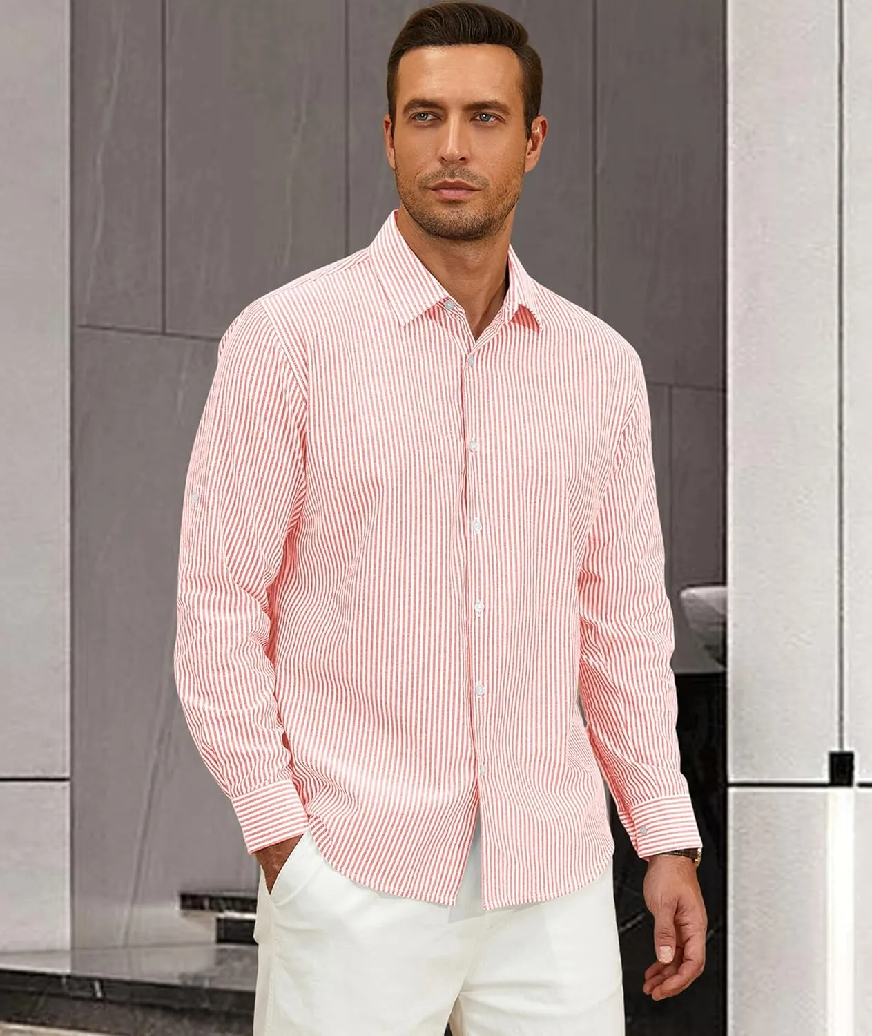 Deer Lady Mens Long Sleeve Button Down Shirt Striped Casual Cotton Business Summer Beach Wedding Dress Shirts