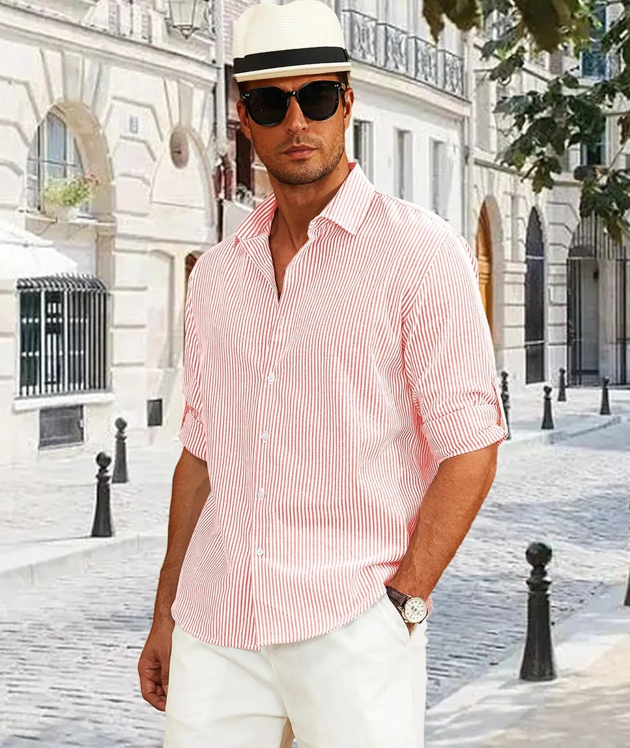 Deer Lady Mens Long Sleeve Button Down Shirt Striped Casual Cotton Business Summer Beach Wedding Dress Shirts