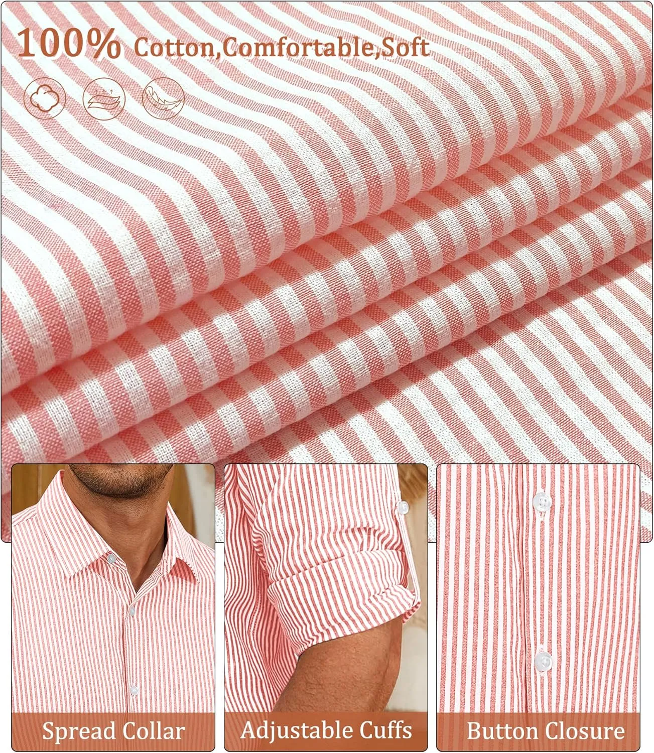 Deer Lady Mens Long Sleeve Button Down Shirt Striped Casual Cotton Business Summer Beach Wedding Dress Shirts