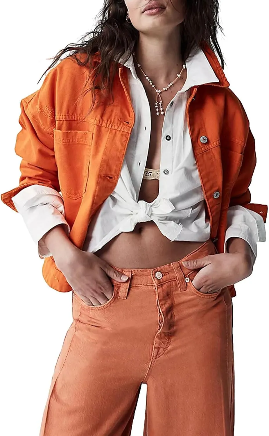 Denim Jacket for Women Long Sleeve Button Down Jacket Pleated Back Jean Shirts Fall Coat with Pockets