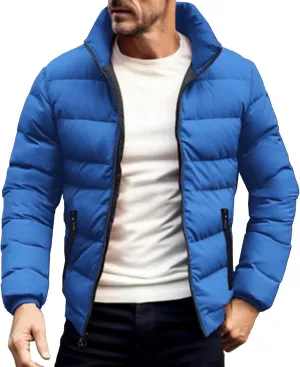 DGHM-JLMY Men's Solid Color Cotton-Padded Jacket Fashion Simple Color Block Zip Quilted Coat Stand Collar Slim Fit Outwear