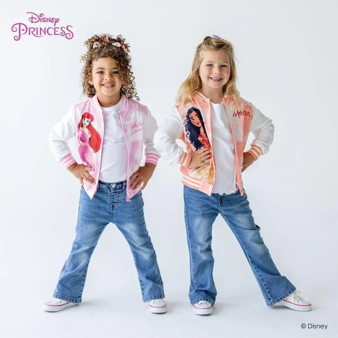 Disney Frozen Elsa Princess Moana Ariel Rapunzel Toddler Girl Varsity Bomber Jacket Lightweight Zip-up Sweatshirt 2-6T