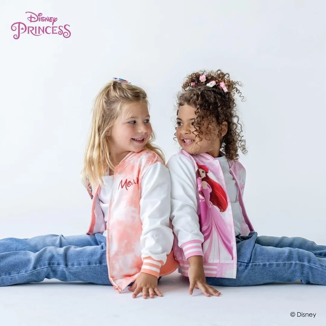 Disney Frozen Elsa Princess Moana Ariel Rapunzel Toddler Girl Varsity Bomber Jacket Lightweight Zip-up Sweatshirt 2-6T