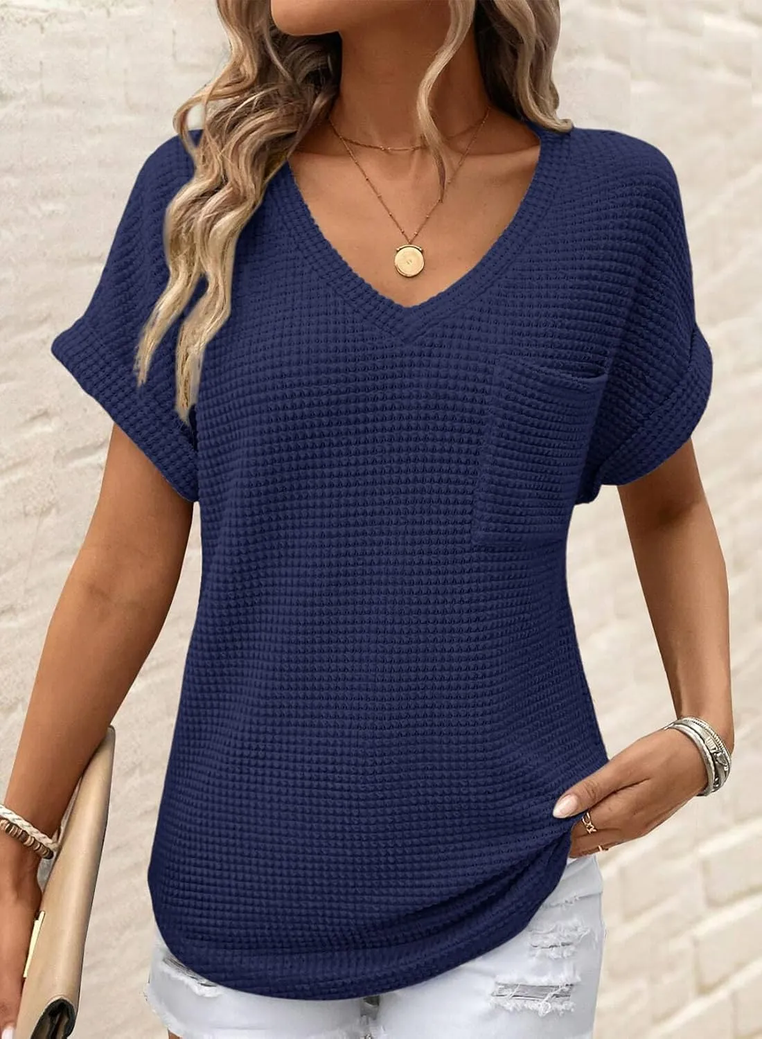 Dokotoo Womens Waffle Knit Tops 2025 Spring Summer V Neck Shirts Casual Trendy Women's Blouses Basic Tee