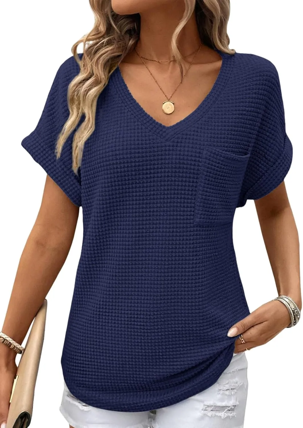 Dokotoo Womens Waffle Knit Tops 2025 Spring Summer V Neck Shirts Casual Trendy Women's Blouses Basic Tee