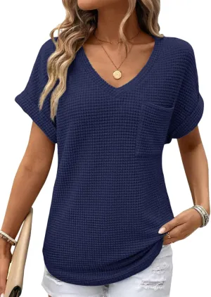 Dokotoo Womens Waffle Knit Tops 2025 Spring Summer V Neck Shirts Casual Trendy Women's Blouses Basic Tee