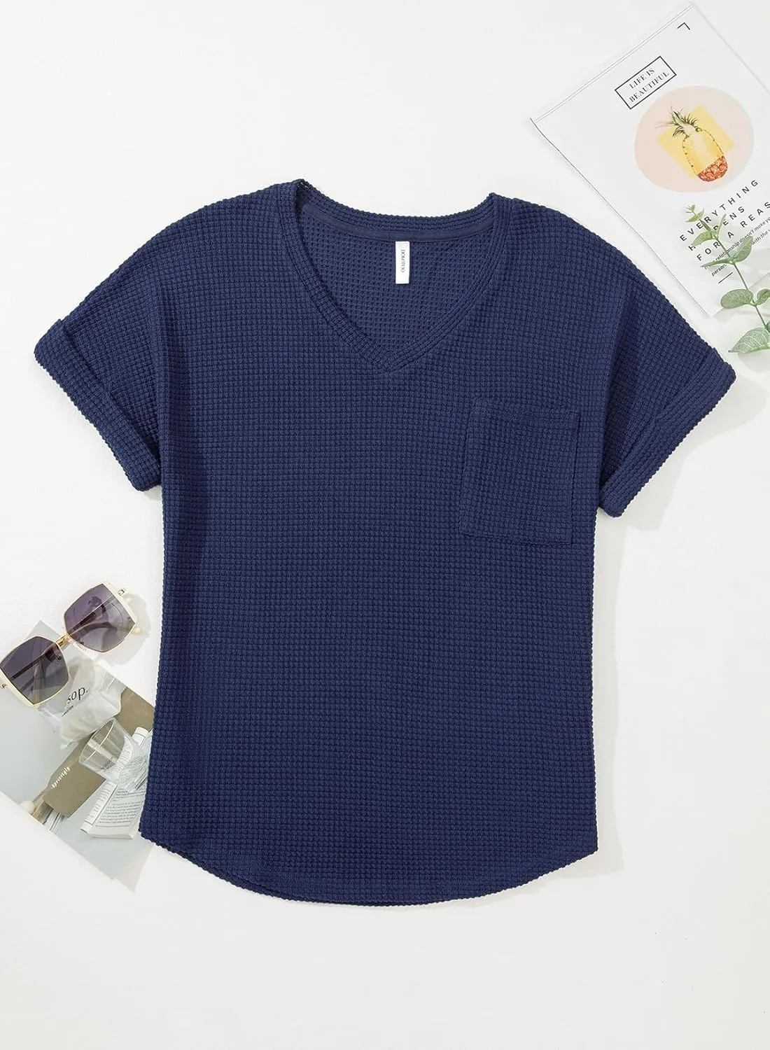 Dokotoo Womens Waffle Knit Tops 2025 Spring Summer V Neck Shirts Casual Trendy Women's Blouses Basic Tee