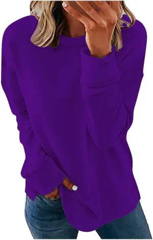 DOLKFU Womens Crewneck Loose Fit Sweatshirt Trendy Solid Color Pullover Tops Long Sleeve Casual Sweatshirts