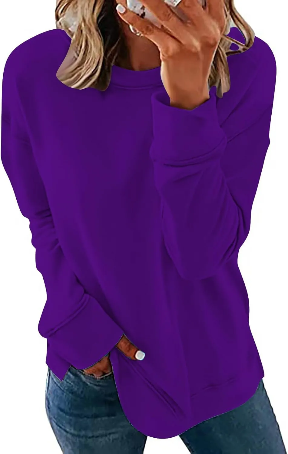 DOLKFU Womens Crewneck Loose Fit Sweatshirt Trendy Solid Color Pullover Tops Long Sleeve Casual Sweatshirts