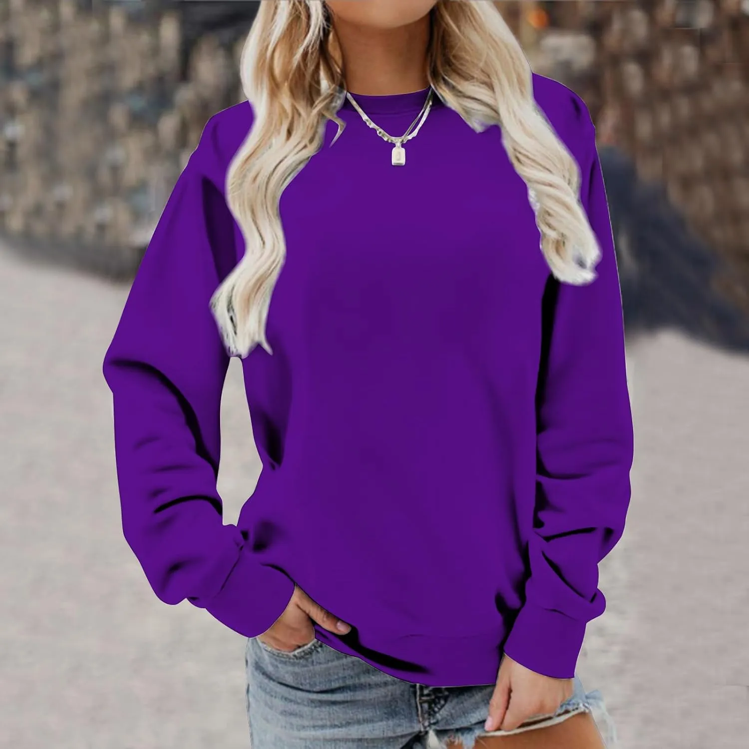 DOLKFU Womens Crewneck Loose Fit Sweatshirt Trendy Solid Color Pullover Tops Long Sleeve Casual Sweatshirts