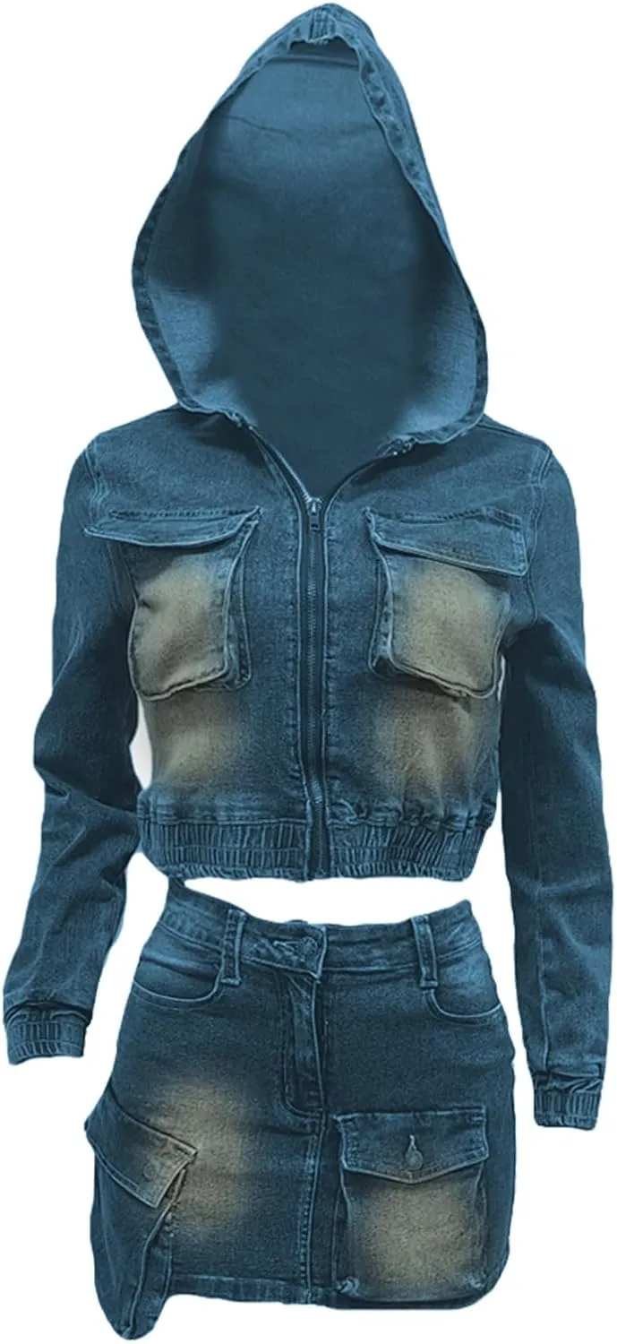 Ecirod 2 Piece Cargo Denim Skirt Sets for Women Y2K Zip Up Hoodie Jacket Top High Waisted Mini Skirt Set with Pockets