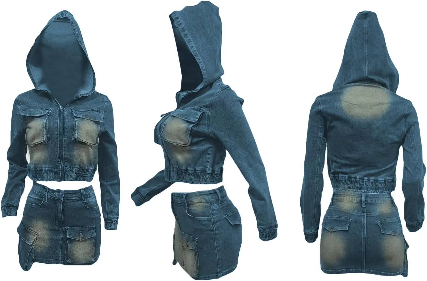 Ecirod 2 Piece Cargo Denim Skirt Sets for Women Y2K Zip Up Hoodie Jacket Top High Waisted Mini Skirt Set with Pockets