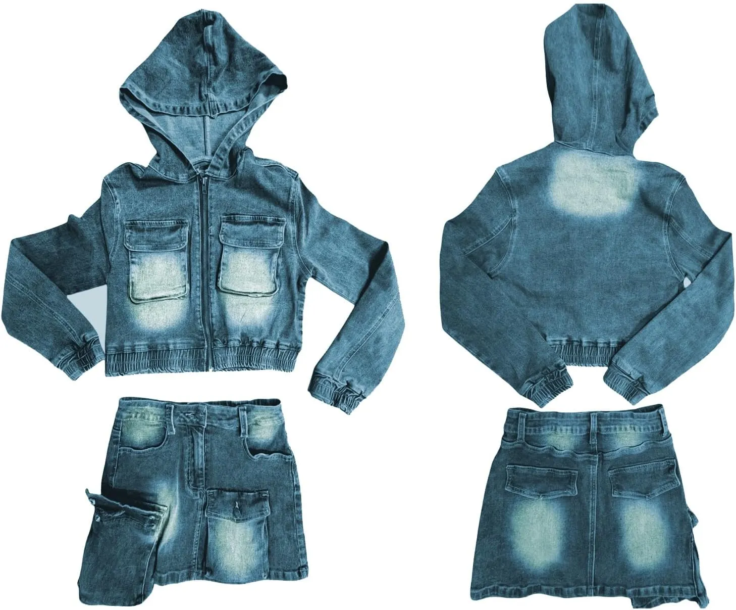 Ecirod 2 Piece Cargo Denim Skirt Sets for Women Y2K Zip Up Hoodie Jacket Top High Waisted Mini Skirt Set with Pockets