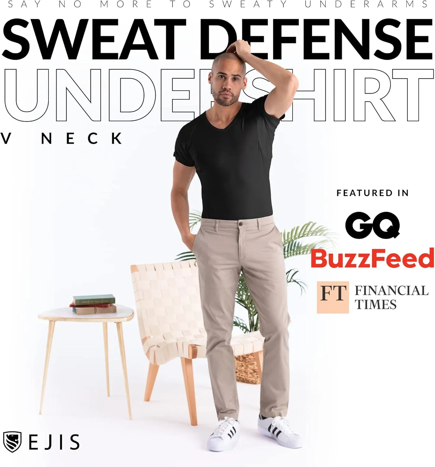 Ejis Men's Sweat Proof Undershirt, V Neck, Anti-Odor Silver, Micro Modal, Sweat Pads