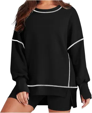 Fall Sweatshirts For Women Trendy 2024 Oversized Long Sleeve Crewneck Pullover Tops Side Slit Slouchy Sweatshirt