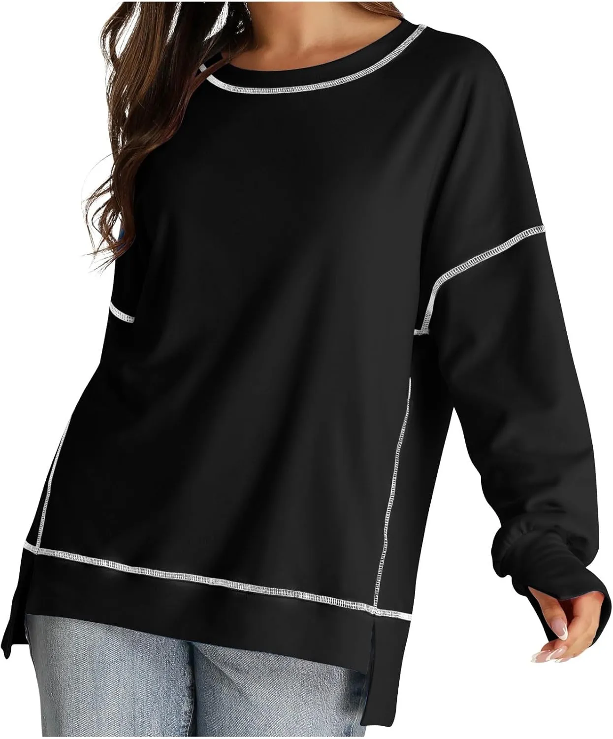 Fall Sweatshirts For Women Trendy 2024 Oversized Long Sleeve Crewneck Pullover Tops Side Slit Slouchy Sweatshirt