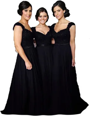 Fanciest Navy Blue Bridesmaid Dresses for Women Long Chiffon A Line Appliques Lace Formal Dress Maxi Prom Gowns