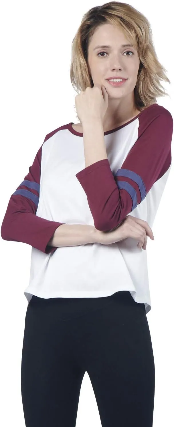 Fashion Women Baseball T Shirt, 100% Organic Cotton Loose Fit 3/4 Long Sleeve Tee