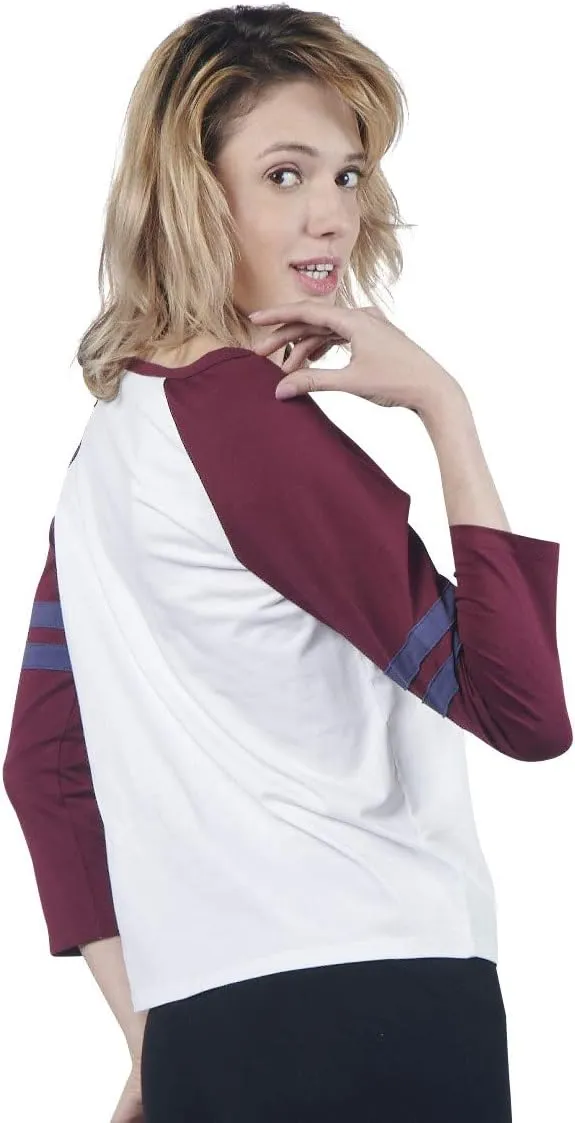 Fashion Women Baseball T Shirt, 100% Organic Cotton Loose Fit 3/4 Long Sleeve Tee