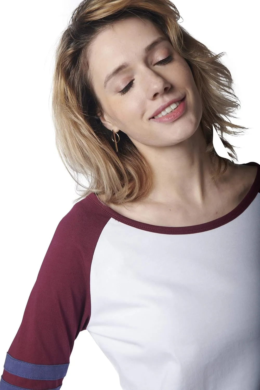 Fashion Women Baseball T Shirt, 100% Organic Cotton Loose Fit 3/4 Long Sleeve Tee
