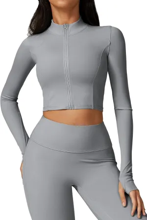 FEOYA Women Long Sleeve Full Zip Workout Crop Jacket Slim Fit Turtleneck Thumbhole Sports Track Jacket Ultra Short 2023