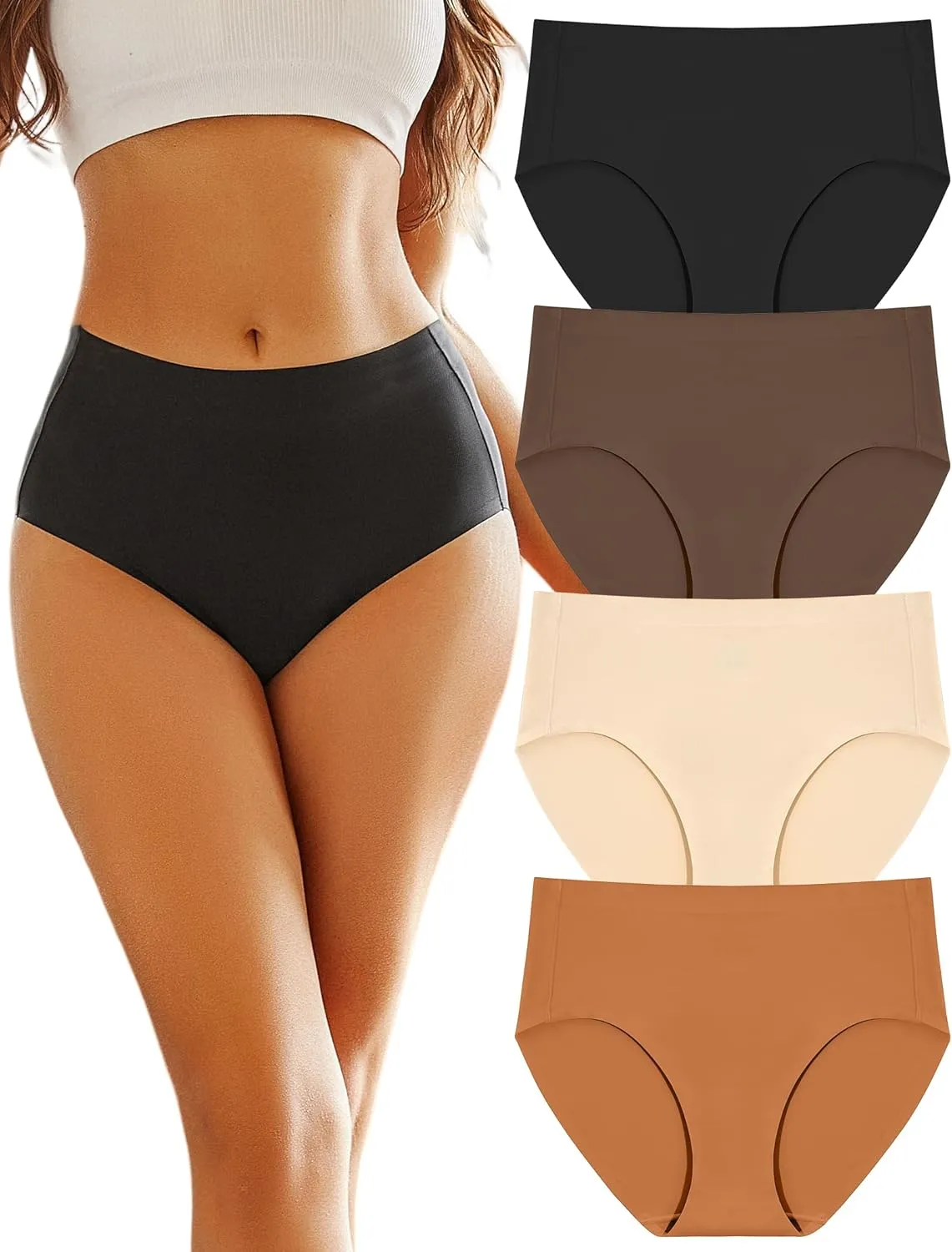 FINETOO Women's High Waisted Seamless Underwear Full Coverage Brief Ladies No Show Panties Sexy Lingerie Regular&Plus Size