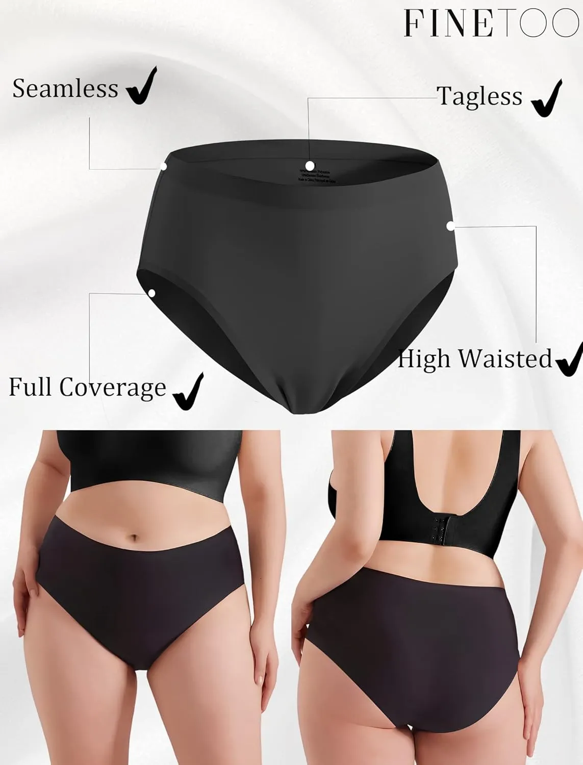 FINETOO Women's High Waisted Seamless Underwear Full Coverage Brief Ladies No Show Panties Sexy Lingerie Regular&Plus Size