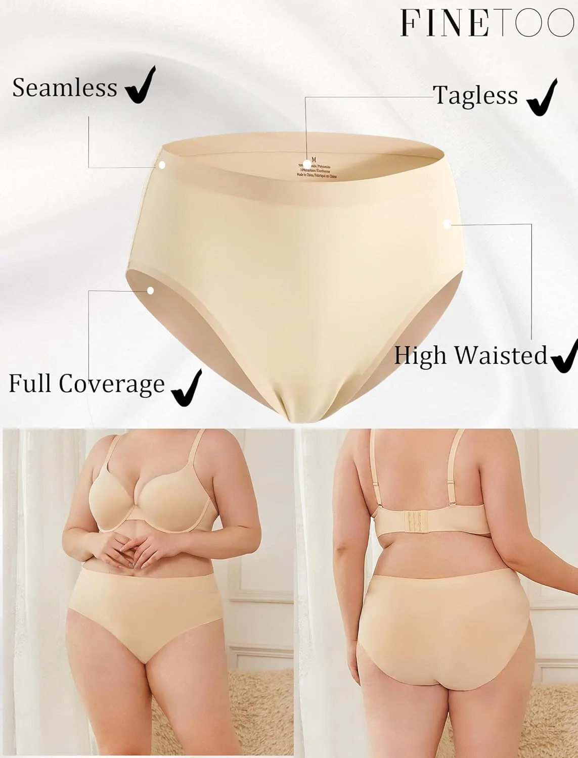 FINETOO Women's High Waisted Seamless Underwear Full Coverage Brief Ladies No Show Panties Sexy Lingerie Regular&Plus Size