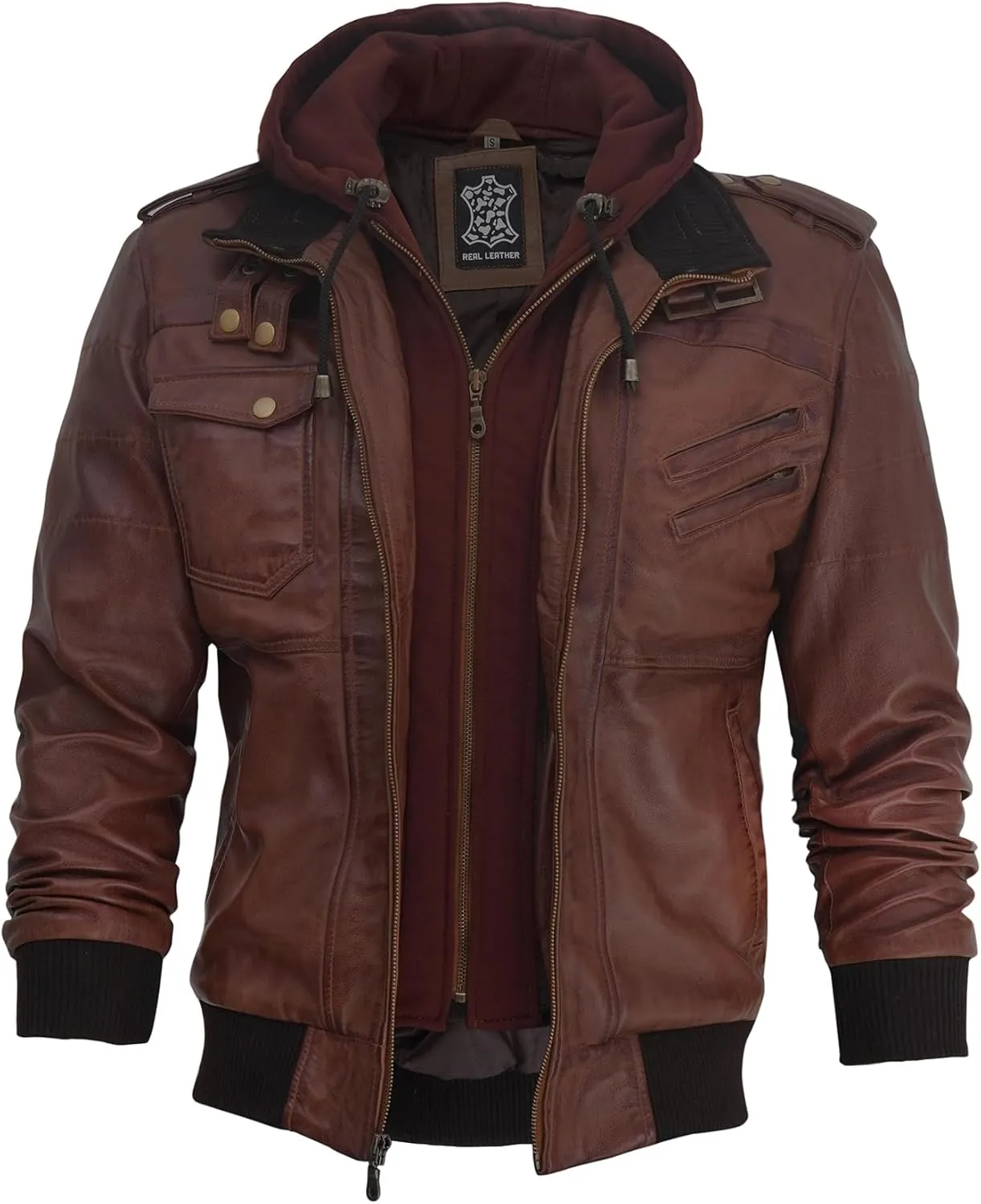 fjackets Real Leather Bomber Jacket - Motorcycle Casual Stand Collar Jackets with Removable Hood