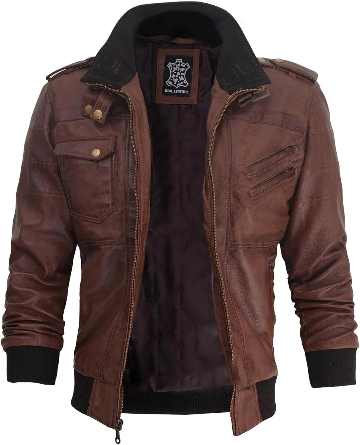 fjackets Real Leather Bomber Jacket - Motorcycle Casual Stand Collar Jackets with Removable Hood
