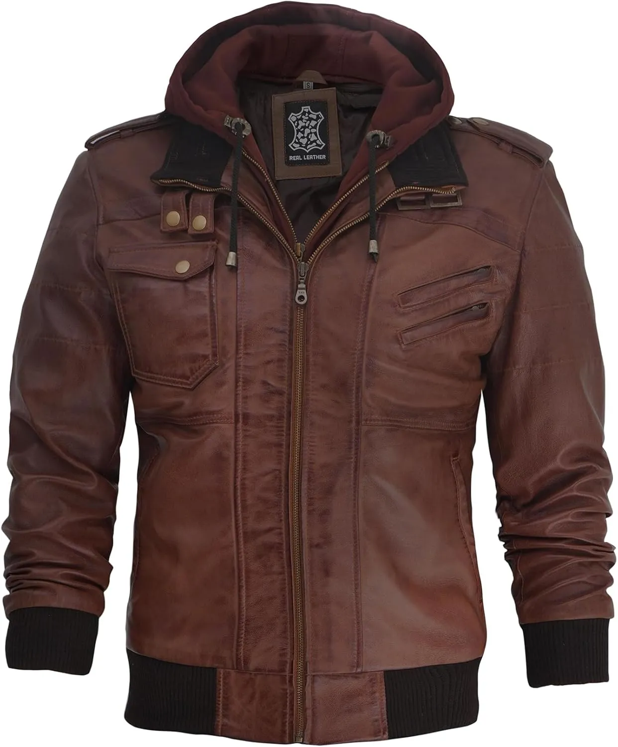 fjackets Real Leather Bomber Jacket - Motorcycle Casual Stand Collar Jackets with Removable Hood