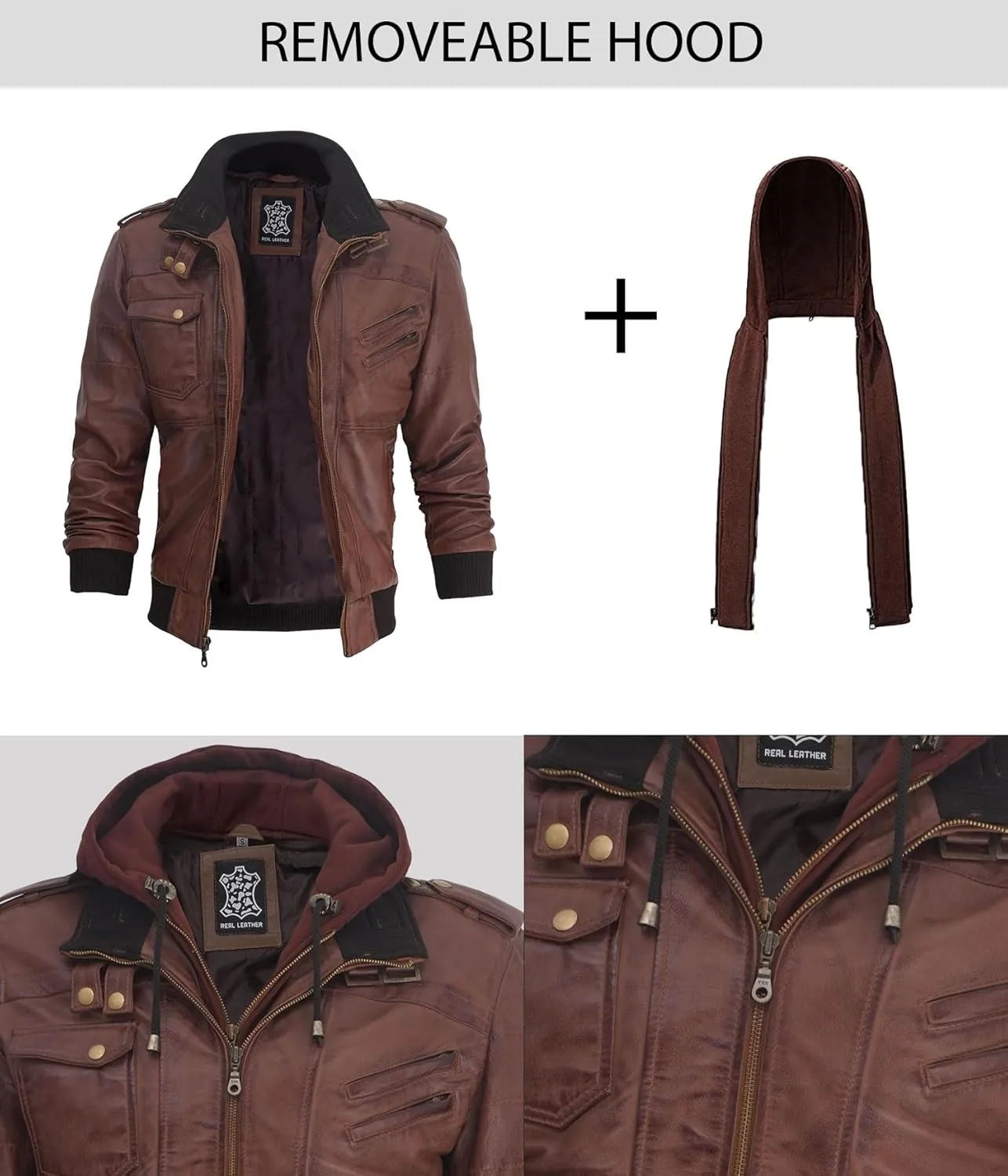 fjackets Real Leather Bomber Jacket - Motorcycle Casual Stand Collar Jackets with Removable Hood