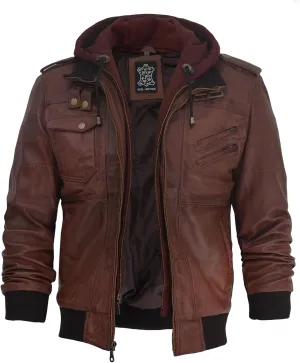 fjackets Real Leather Bomber Jacket - Motorcycle Casual Stand Collar Jackets with Removable Hood