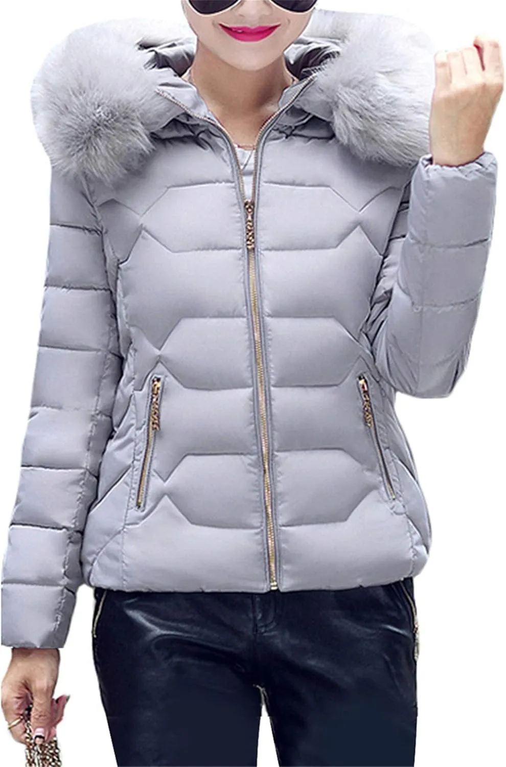FLITAY Womens Long Sleeve Thicken Down Jacket Quilted Warm Parka Jackets With Faux Fur Hood