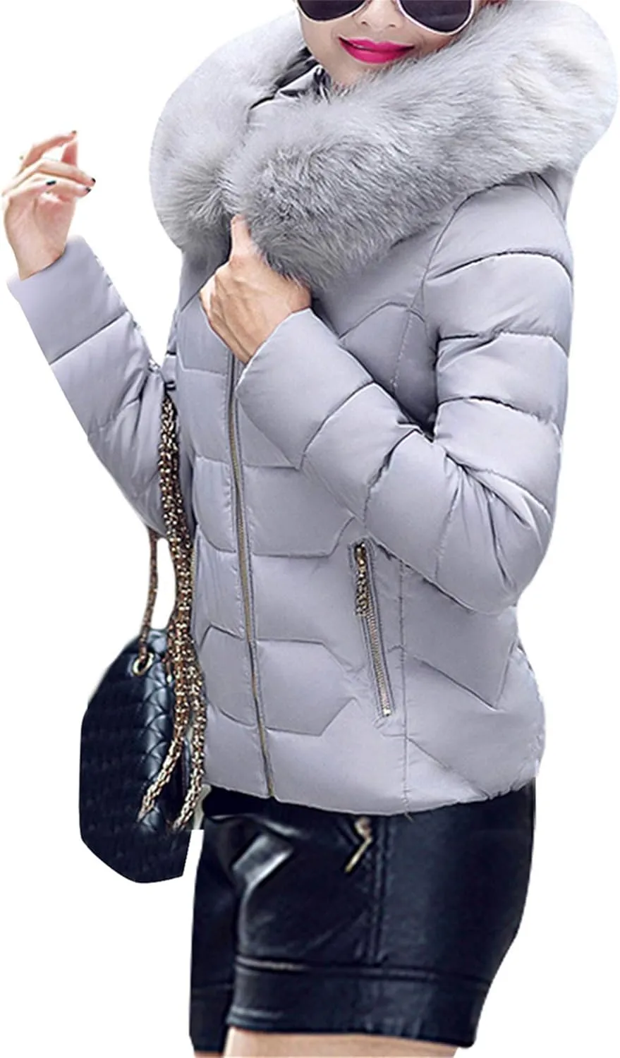 FLITAY Womens Long Sleeve Thicken Down Jacket Quilted Warm Parka Jackets With Faux Fur Hood