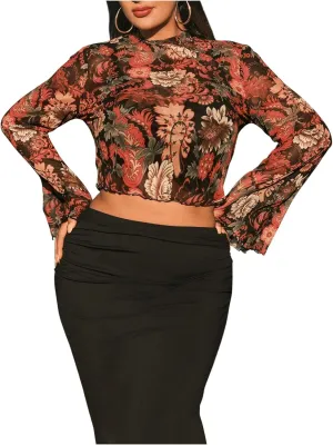 Floerns Women's Plus Size Floral Bell Sleeve Crop Tops Boho Mock Neck Tee Shirts