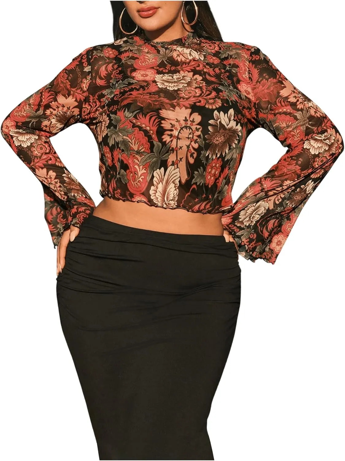 Floerns Women's Plus Size Floral Bell Sleeve Crop Tops Boho Mock Neck Tee Shirts