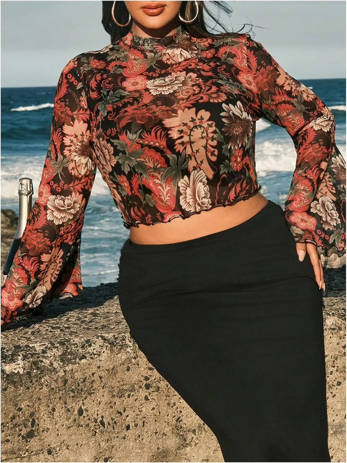 Floerns Women's Plus Size Floral Bell Sleeve Crop Tops Boho Mock Neck Tee Shirts